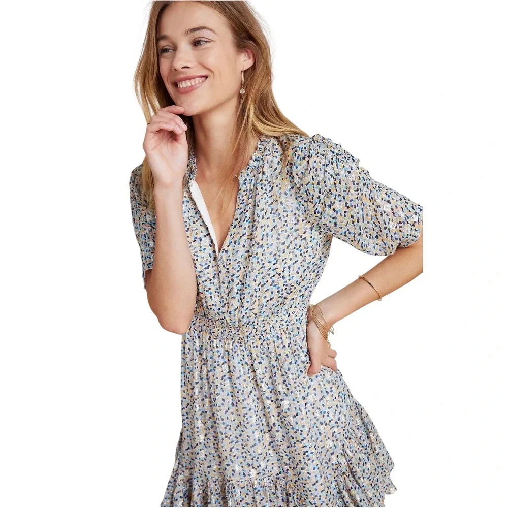 Shoshanna Anthropologie Mini Dress Floral Print Metallic Ruffle‎ Short Sleeve 12